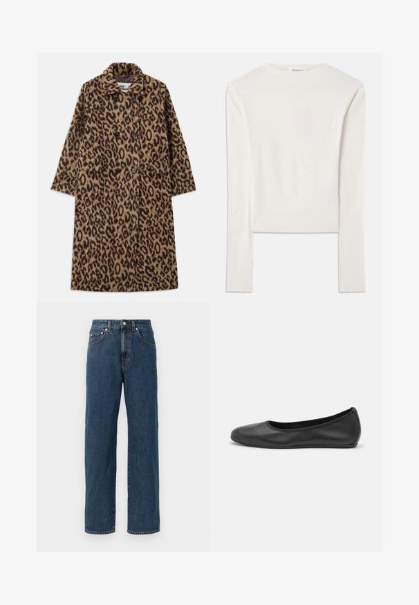 Leopardprint jas in bruin en zwart, met een dubbelzijdig ontwerp, gegoten kraag en twee voorzakken. Zachte textuur.; Witte lange mouw top van katoen, met een eenvoudige ronde hals en een slim fit. De stof is glad met een lichte stretch.; Inktblauwe denim jeans met een rechte pasvorm. Bevat vijf zakken, subtiele stikseldetails en een knoopsluiting bij de taille.; Zwarte leren ballerina met een ronde neus, gladde textuur, minimale stikdetails en een flexibele zoolontwerp.