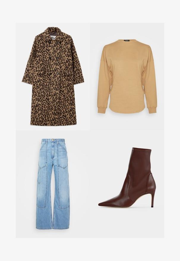 Leopardprint jas in bruin en zwart, met een dubbelzijdig ontwerp, gegoten kraag en twee voorzakken. Zachte textuur.; A.W.A.K.E. MODE LONG SLEEVE WITH CUT OUT DETAIL - Longsleeve - terracotta; RE/DONE SUPER HIGH WORKWEAR - Straight leg jeans - wasted indigo; Donkerbruine leren enkellaars met spitse neus en smalle hoge hak tegen een effen lichte achtergrond.