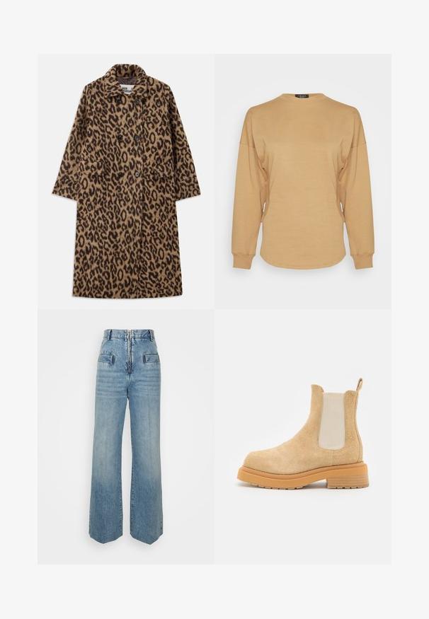 Leopardprint jas in bruin en zwart, met een dubbelzijdig ontwerp, gegoten kraag en twee voorzakken. Zachte textuur.; A.W.A.K.E. MODE LONG SLEEVE WITH CUT OUT DETAIL - Longsleeve - terracotta; sandro Relaxed fit jeans - bleu jean; ECKHAUS LATTA MIKE BOOT - Lage laarzen - beige