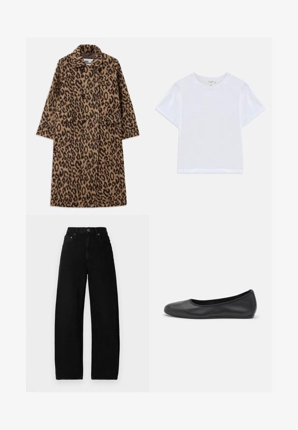 Leopardprint jas in bruin en zwart, met een dubbelzijdig ontwerp, gegoten kraag en twee voorzakken. Zachte textuur.; Witte cropped t-shirt van zacht katoen, met een ronde hals en korte mouwen in een iets ontspannen pasvorm. Geen patronen of accenten.; Zwarte denim broek met wijde pijpen en hoge taille, met een sluiting aan de voorkant met knoop, zakken en een gladde, matte textuur.; Zwarte leren ballerina met een ronde neus, gladde textuur, minimale stikdetails en een flexibele zoolontwerp.