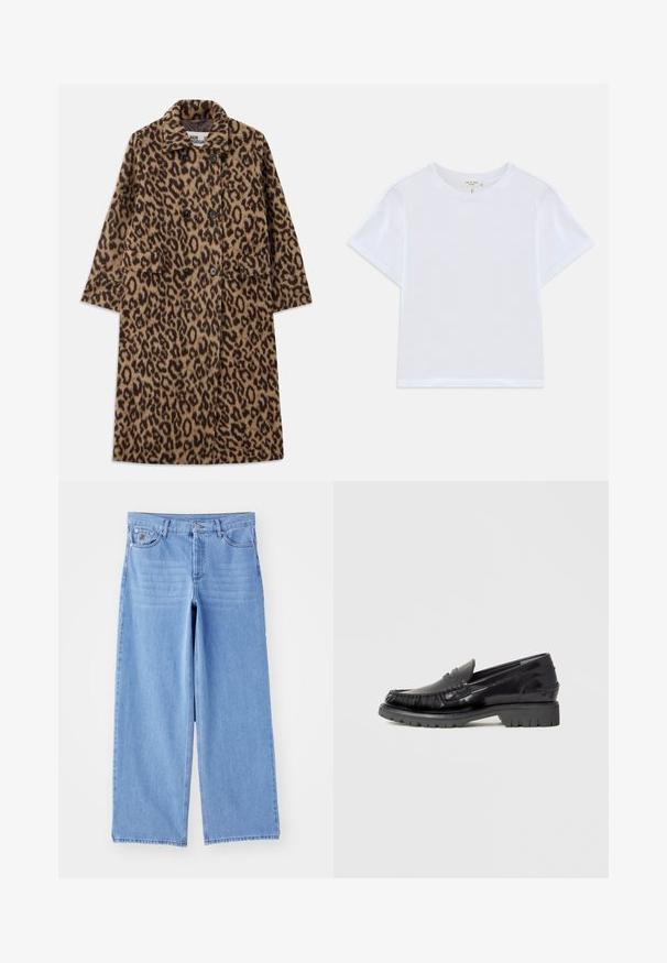 Leopardprint jas in bruin en zwart, met een dubbelzijdig ontwerp, gegoten kraag en twee voorzakken. Zachte textuur.; Witte cropped t-shirt van zacht katoen, met een ronde hals en korte mouwen in een iets ontspannen pasvorm. Geen patronen of accenten.; Lichtblauwe wijde jeans van denim, met een klassieke vijf-pocketontwerp en een knoopsluiting. Soepele textuur, rafelige zoom.; Zwarte leren loafer met een bovenwerk in mocassinstijl, gestructureerde franjes en een dikke zwarte rubberen zool. Gladde afwerking, ronde neus.