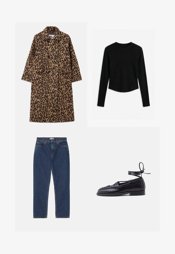Leopardprintfrakke i brun og sort med dobbeltstående design, notch-krave og to forlommer. Blød tekstur.; Sort langærmet ribstrikket t-shirt med rund hals og en let buet kant, lagt fladt på en hvid baggrund.; RE/DONE LOOSE LONG - Jeans Straight Leg - dark blue denim; Sort læderloafer med flad sål og snøre, der vikles omkring anklen og er bundet i sløjfe, vist mod en ensfarvet lys baggrund.