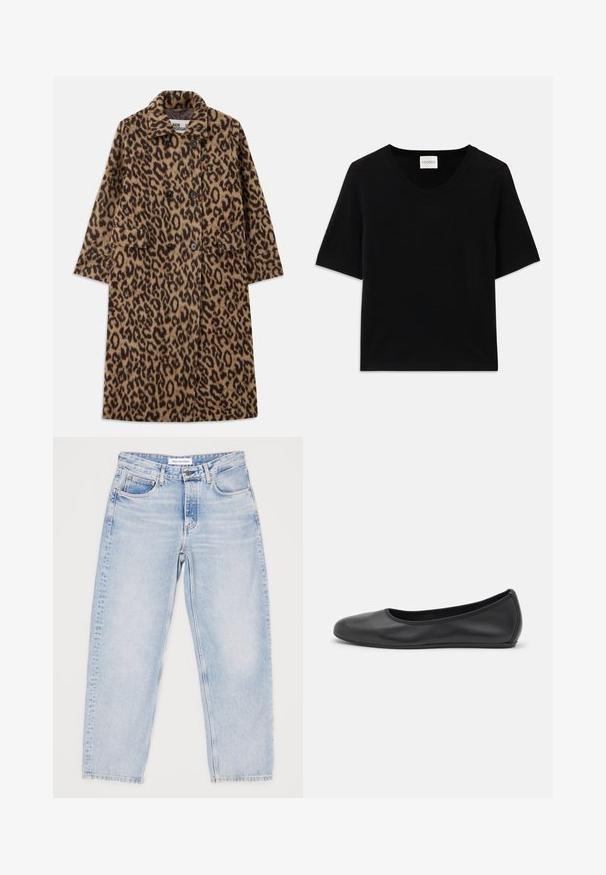 Leopardprintfrakke i brun og sort med dobbeltstående design, notch-krave og to forlommer. Blød tekstur.; Sort kortærmet strikket top med rund halsudskæring. Har en glat tekstur og ribbede detaljer langs halsudskæringen og ærmerne.; Lyseblå denimjeans med en afslappet pasform, fem lommer og lige ben. Begyndende slid, øverste knap og lynlåslukning.; Sort læderballetsko med rund tå, glat tekstur, minimal syning og et fleksibelt såldesign.