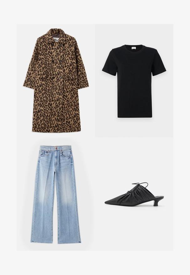 Leopardprint jas in bruin en zwart, met een dubbelzijdig ontwerp, gegoten kraag en twee voorzakken. Zachte textuur.; Zwart katoenen t-shirt met korte mouwen en een ronde hals, met een subtiele logodetail op de onderste voorkant, en een rechte zoom.; Lichtblauwe wijde jeans van denim, met een hoge taille, voorzakken en een schone zoom met subtiele vervaging.; Zwarte leren instappers met een spitse neus, gegatherde textuur en een kleine kittenhiel. Heeft een trekkoorddetail aan de opening.