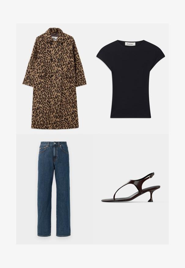 Leopardprint jas in bruin en zwart, met een dubbelzijdig ontwerp, gegoten kraag en twee voorzakken. Zachte textuur.; Zwarte korte mouwen top van zacht stof, met een ronde halslijn en een aansluitende vorm met subtiele schouderaccenten. Etiket zichtbaar.; Inktblauwe denim jeans met een rechte pasvorm. Bevat vijf zakken, subtiele stikseldetails en een knoopsluiting bij de taille.; Donkerbruine lakleren slingbacksandaal met kittenheel en teenbandje op witte achtergrond.