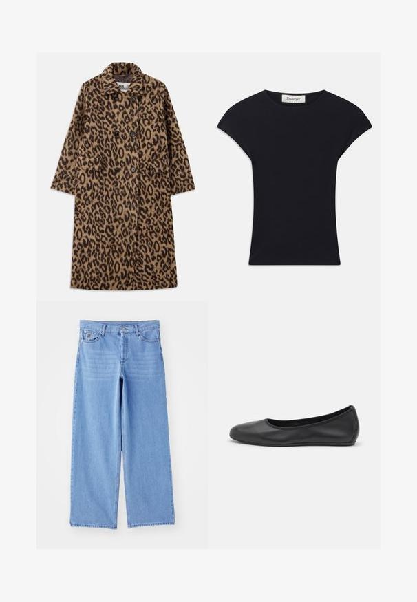 Leopardprint jas in bruin en zwart, met een dubbelzijdig ontwerp, gegoten kraag en twee voorzakken. Zachte textuur.; Zwarte korte mouwen top van zacht stof, met een ronde halslijn en een aansluitende vorm met subtiele schouderaccenten. Etiket zichtbaar.; Lichtblauwe wijde jeans van denim, met een klassieke vijf-pocketontwerp en een knoopsluiting. Soepele textuur, rafelige zoom.; Zwarte leren ballerina met een ronde neus, gladde textuur, minimale stikdetails en een flexibele zoolontwerp.