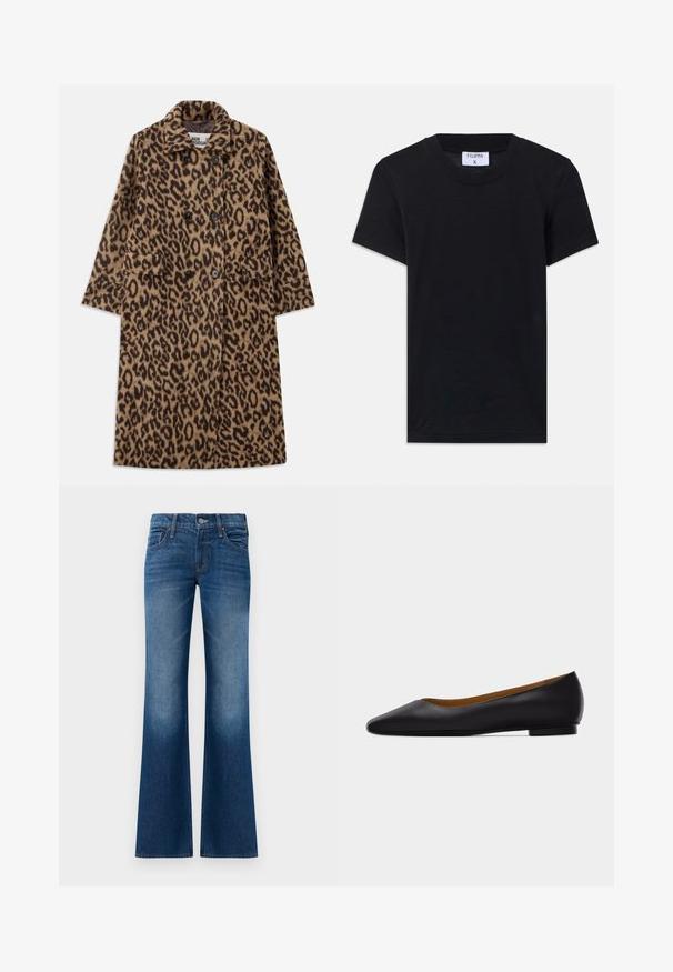 Abrigo de piel de leopardo en marrón y negro, con un diseño de doble botonadura, cuello con muescas y dos bolsillos frontales. Textura suave.; Camiseta de algodón negra con cuello redondo, mangas cortas y un corte relajado. La etiqueta dice "FILIPPA K" en el escote.; Vaqueros acampanados en denim azul oscuro, con una textura suave, diseño de cinco bolsillos, cierre frontal con botón y un ligero desvanecimiento cerca del dobladillo.; Zapato plano de punta puntiaguda de cuero negro con tacón bajo y acabado liso, mostrado de perfil sobre un fondo gris claro.