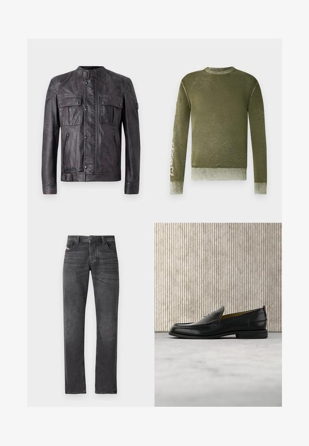 Veste en cuir gris foncé avec col à boucle, deux poches à rabat sur la poitrine avec bouton, deux poches zippées, manches longues et détail à boucle à l'ourlet.; Pull à manches longues vert olive avec poignets et ourlet côtelés, texture subtilement délavée, et texte graphique de couleur claire sur la manche droite.; Jean en denim gris foncé avec coupe droite, cinq poches, fermeture à bouton en métal et un léger effilochage sur la surface du tissu.; Mocassin pour homme en cuir noir avec un dessus embossé effet croco et un petit talon, présenté de profil sur un fond neutre.