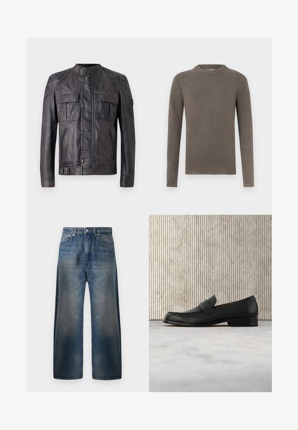 Mørkegrå læderjakke med spænde krave, to brystlommer med klap og knapper, to lynlåslommer, lange ærmer og spænde detalje ved kanten.; Brun langærmet sweater med ribbet rund hals, lavet af blødt, tekstureret materiale. Har et enkelt, lige design uden mønstre.; Vide ben blå denim jeans med en falmet finish, der har fem lommer, en knaplukning og synlige syninger.; Sort lædersko i loafer-stil svæver over et beige tæppe med et blankt brunt rundt bord i baggrunden.