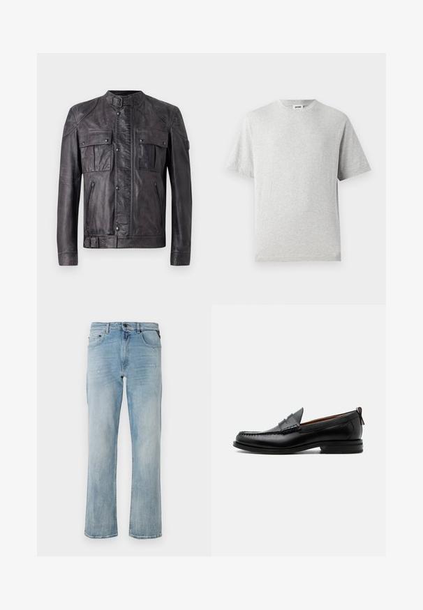 Mørkegrå læderjakke med spænde krave, to brystlommer med klap og knapper, to lynlåslommer, lange ærmer og spænde detalje ved kanten.; Grå kortærmet t-shirt lavet af blødt stof. Har rund hals, afslappet pasform og ingen mønstre eller logoer. Glat tekstur hele vejen igennem.; Lyseblå denim jeans med en afslappet pasform, der har subtile slidte detaljer og et klassisk fem-lomme-design.; Sort læder herre loafer med moc-tå syning, penny strop, struktureret krave og lav stablet hæl på hvid baggrund.