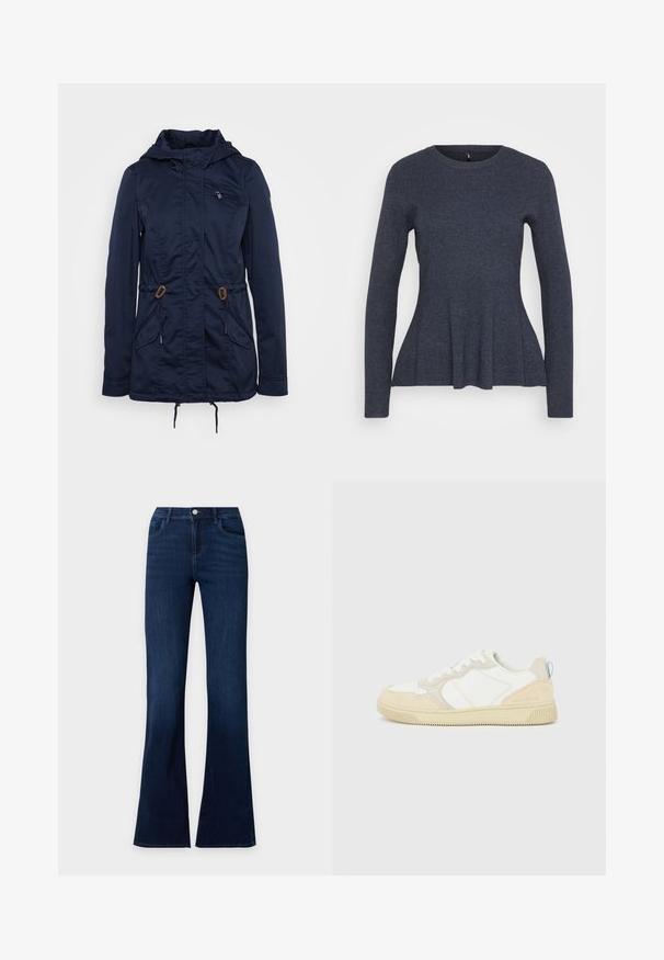 Mørkeblå udendørs jakke med en lynlåslomme på brystet, snore i taljen og to forlommer. Fremstillet af letvægtigt materiale.; Mørkegrå langærmet strikket sweater med rund halsudskæring og en subtil flæse nederst.; Mørkeblå denimjeans med flared ben, forlommer og knaplukning ved taljen.; Hvid og beige sneaker med en overdel i ruskind og tekstil, med kontrastsyninger, en gummisål og en lyseblå detalje på hælen.