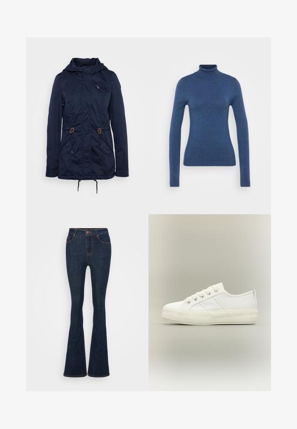 Veste de plein air bleu marine avec une poche poitrine zippée, des cordons de serrage à la taille et deux poches frontales. Fabriquée en tissu léger.; Pull en col roulé bleu fabriqué en maille douce. Design ajusté avec des manches longues et un col et un ourlet côtelés. Texture lisse.; Jeans évasés en denim bleu foncé avec des coutures visibles, des poches avant et une fermeture à bouton. Texture lisse avec un léger stretch.; Baskets basses blanches avec semelle épaisse côtelée, lacets à l'avant et languette à l'arrière sur fond neutre.