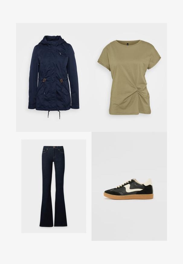 Veste de plein air bleu marine avec une poche poitrine zippée, des cordons de serrage à la taille et deux poches frontales. Fabriquée en tissu léger.; T-shirt vert olive à manches courtes en coton doux, avec un détail de nœud tordu sur le côté, et un col rond côtelé.; Jean en denim bleu foncé à taille haute, ajusté sur les hanches et les cuisses, évasé en bas.; Baskets en daim et cuir noir avec un swoosh latéral crème et un talon crème clair. Dotées de lacets beige et d'une semelle en caoutchouc gomme.