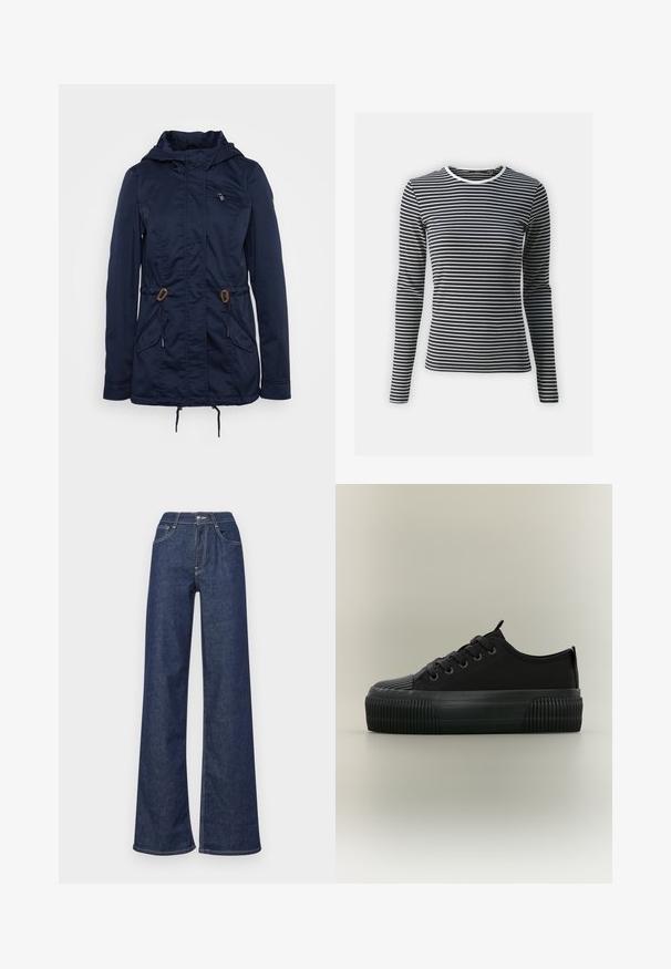 Veste de plein air bleu marine avec une poche poitrine zippée, des cordons de serrage à la taille et deux poches frontales. Fabriquée en tissu léger.; T-shirt à manches longues en rayures horizontales noires et blanches, avec un col rond et une texture côtelée. Fabriqué en tissu extensible.; Un jean en denim à jambes larges de couleur bleu foncé, avec une taille haute, des poches avant, des coutures visibles et une finition propre aux ourlets.; Baskets à plateforme noires avec semelle épaisse nervurée, fermeture par lacets devant et languettes à tirage sur la languette et le talon, vues de côté sur un fond neutre.