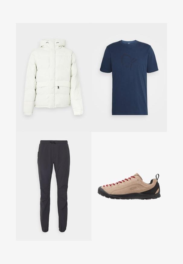 Veste matelassée blanche avec capuche, dotée d'une fermeture éclair, d'un design matelassé, de deux poches avant et d'un discret logo sur la poitrine.; Norrøna /29 COTTON VIKING T-SHIRT - T-shirt imprimé - indigo night/sky captain; Pantalons de plein air noirs, légers, avec une taille élastique, fermeture à cordon de serrage et deux poches latérales zippées. Fabriqués en tissu respirant.; Baskets basses en suede beige avec des lacets rouges, semelle en caoutchouc noir et accents en mesh près du talon pour la respirabilité et le confort.