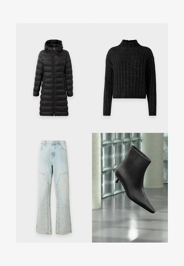 Abrigo de plumas negro, hasta la rodilla, con capucha, con un patrón de acolchado horizontal, cierre frontal con cremallera y bolsillos laterales.; Jersey grueso negro de punto con patrón de relieve, mangas largas y un cuello corto alzado.; Jeans de mezclilla azul claro con un ajuste holgado, piernas anchas y bolsillos delanteros tipo parche. Incluye un cierre de botón y trabillas para el cinturón.; Bota de cuero negro para el tobillo con puntera puntiaguda y tacón pequeño, exhibida frente a una pared de bloques de vidrio y un suelo pulido.