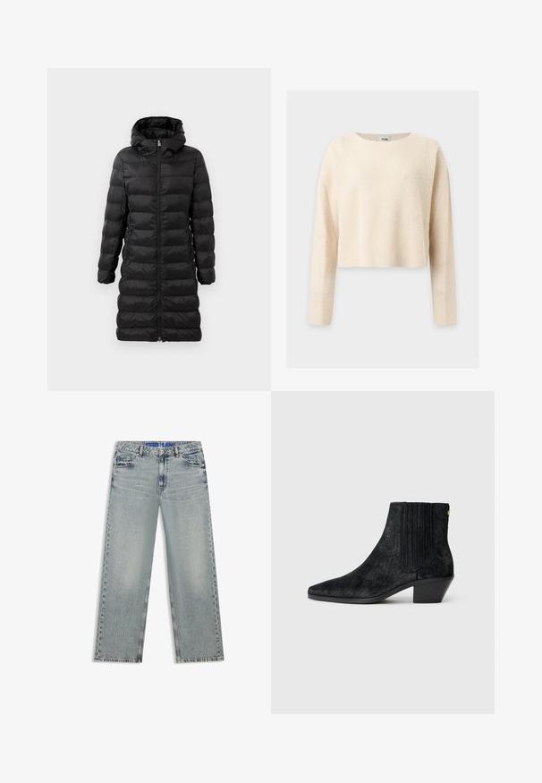 Schwarze Puffjacke in knielanger Ausführung mit Kapuze, versehen mit horizontalem Steppmuster, vorderem Reißverschluss und seitlichen Taschen.; Langärmliger, cremefarbener, gerippter Strickpullover mit rundem Ausschnitt und leicht kürzerem, tailliertem Schnitt.; Hellblaue Jeans mit weitem Bein aus Denim, mit ausgewaschenen Stellen, fünf Taschen und einem blauen, gebrandeten Taillenbund.; Schwarze Knöchelstiefel mit spitzem Zehen, strukturiertem haarähnlichem Material, geripptem Seitenpaneel und niedrigem Blockabsatz. Schlichtes und modernes Design.