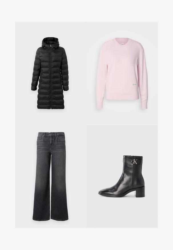 Schwarze Puffjacke in knielanger Ausführung mit Kapuze, versehen mit horizontalem Steppmuster, vorderem Reißverschluss und seitlichen Taschen.; Helles rosa Sweatshirt aus weichem Strickmaterial. Mit Rundhalsausschnitt und langen Ärmeln, versehen mit einem kleinen grünen Logo auf der unteren linken Seite.; Weit geschnittene, dunkelgraue Jeans aus Denim mit einem dezenten Fade. Sie verfügen über einen Knopfverschluss, fünf Taschen und einen geraden Saum am Knöchel.; Schwarze Leder-Ankle Boots mit spitzem Zehenbereich, Blockabsatz und einem Riemen mit einem metallischen Logodetail. Glatte Textur und minimales Design.
