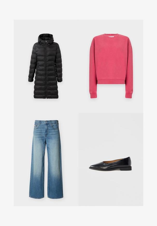 Zwarte pufferjas, tot de knie, met een capuchon, met een horizontaal gestikt patroon, een ritssluiting aan de voorkant en zijzakken.; Felroze crewneck-trui met lange mouwen en geribbelde boorden bij de mouwen en taille, plat liggend tegen een egale achtergrond.; Blauwe spijkerbroek met wijde pijpen, met een vervaagde lichte wassing op de voorkant van de dijen, voorzakken, taillebandlussen en een knoopsluiting.; Zwarte leren platte schoen met een puntige neus en een lage, vierkante hak. Gladde textuur, minimalistisch ontwerp, zonder zichtbare sieraden of patronen.