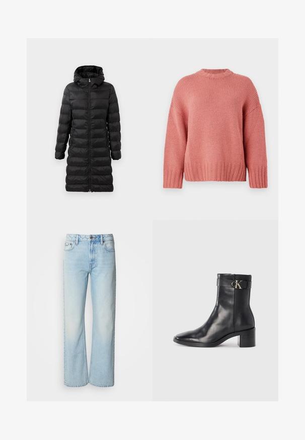 Schwarze Puffjacke in knielanger Ausführung mit Kapuze, versehen mit horizontalem Steppmuster, vorderem Reißverschluss und seitlichen Taschen.; Rosa gestrickter Pullover mit rundem Ausschnitt, überschnittenen Schultern, strukturiertem Stoff und gerippten Bündchen und Saum. Lockerer Schnitt und lässiger Stil.; Helle blaue weit geschnittene Jeans aus Denim, mit einem klassischen Fünf-Taschen-Design und einer dezenten, gewaschenen Textur. Die Denim-Nähte sind sichtbar.; Schwarze Leder-Ankle Boots mit spitzem Zehenbereich, Blockabsatz und einem Riemen mit einem metallischen Logodetail. Glatte Textur und minimales Design.