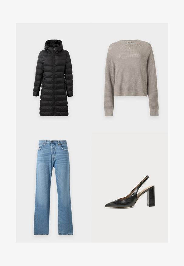 Schwarze Puffjacke in knielanger Ausführung mit Kapuze, versehen mit horizontalem Steppmuster, vorderem Reißverschluss und seitlichen Taschen.; Hellgrauer, gestrickter Pullover mit langen Ärmeln, Rundhalsausschnitt und gerippten Bündchen, der durch ein lockeres, offenmaschiges Muster im gesamten Kleidungsstück besticht.; Hellblaue Denim-Jeans mit geradem Bein-Design, featuring eine normale Taille, fünf Taschen und subtilem Verblassen des Stoffes.; Schwarzer Leder-Slingback-Schuh mit spitzer Kappe, hohem Blockabsatz und beigegefüttertem Innenraum vor hellem, einfarbigem Hintergrund.