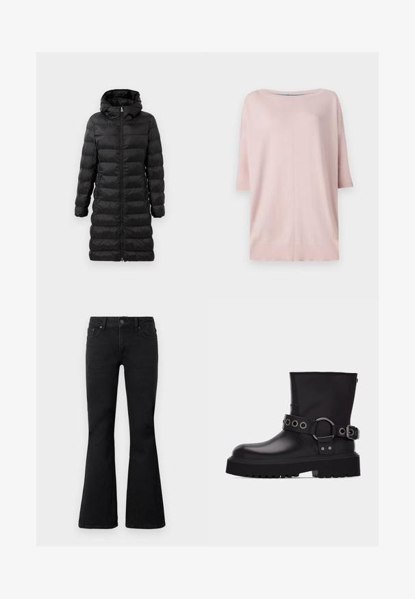 Čierna prešívaná bunda, po kolená, s kapucňou, so horizontálnym prešívaním, predným zipsom a bočnými vreckami.; Diane von Furstenberg DIANE SWEATER - Svetrík - pink/light blue; Čierne vysoké džínsy s predným gombíkom a zipsom, dvoma prednými vreckami a rozšírenými nohavicami, položené na bielom pozadí.; Čierna kožená čižma strednej dĺžky so silnou podrážkou s výrazným vzorom, ozdobným pásikom so striebornými kovovými očkami a prackou na boku.