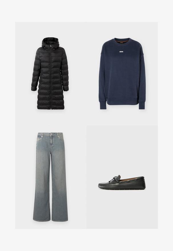 Schwarze Puffjacke in knielanger Ausführung mit Kapuze, versehen mit horizontalem Steppmuster, vorderem Reißverschluss und seitlichen Taschen.; Marineblaue Sweatshirt mit langem Arm und Rundhalsausschnitt, Rippbündchen an Ärmeln und Saum, mit weißem "BOSS"-Logo mittig auf der Brust.; Hellblaue, weit geschnittene Jeans aus Denim mit klassischem Fünf-Taschen-Design, Reißverschluss und Knopfverschluss sowie ausgefransten Saumakzenten.; Schwarze Lederbootsschuhe mit rundem Zehenbereich, gestickten Details, kleinem Schleifenakzent und Gummisohle. Glatte Textur und schlankes Design.