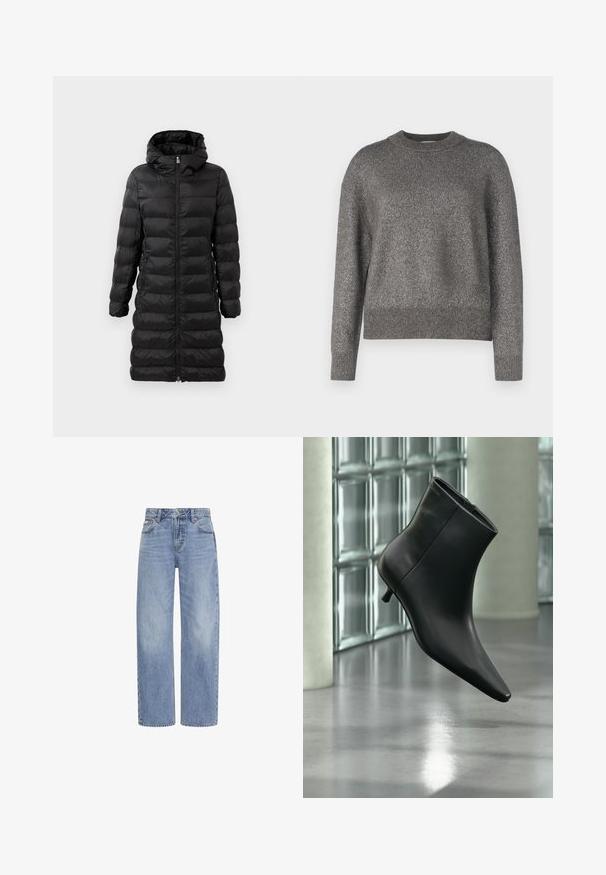 Schwarze Puffjacke in knielanger Ausführung mit Kapuze, versehen mit horizontalem Steppmuster, vorderem Reißverschluss und seitlichen Taschen.; Grauer Pullover mit reflektierender Strickstruktur, Rundhalsausschnitt und gerippten Bündchen sowie Saum; leicht lockere Passform und lange Ärmel.; Hellblaue Jeans mit geradem Bein, Fronttaschen, Gürtelschlaufen und einem Knopf- sowie Reißverschluss.; Schwarzer Leder-Stiefelette mit spitzer Zehenpartie und niedrigem Kitten-Heel, schräg dargestellt vor einem polierten Boden und einer Glasbausteinwand.
