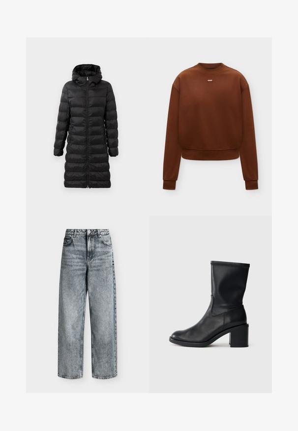 Schwarze Puffjacke in knielanger Ausführung mit Kapuze, versehen mit horizontalem Steppmuster, vorderem Reißverschluss und seitlichen Taschen.; Braunes Sweatshirt mit Rundhalsausschnitt und langen Ärmeln, mit gerippten Bündchen und Saum, mit einem kleinen "HUGO" Logo-Patch in der Mitte der Brust.; Jeans mit hohem Bund und geradem Bein aus verblasstem grauem Denim mit Vordertaschen, Gürtelschlaufen und Knopfverschluss.; Schwarze Leder-Ankle Boots mit runder Zehenform, glatter Oberfläche und dicker Absatz, ausgestattet mit einem eng anliegenden Schaft und subtilen Nähten.