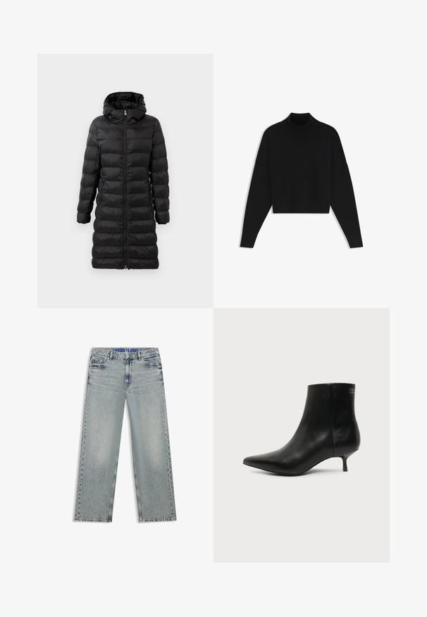 Schwarze Puffjacke in knielanger Ausführung mit Kapuze, versehen mit horizontalem Steppmuster, vorderem Reißverschluss und seitlichen Taschen.; Schwarzer, kurz geschnittener Pullover mit langen Ärmeln, mit geripptem hohem Kragen, Bündchen und Saum, flach auf weißem Hintergrund dargestellt.; Hellblaue Jeans mit weitem Bein aus Denim, mit ausgewaschenen Stellen, fünf Taschen und einem blauen, gebrandeten Taillenbund.; Schwarzer Leder-Knöchel-Stiefel mit spitzer Spitze und niedrigem Kittenabsatz vor hellem Hintergrund, seitliche Ansicht.