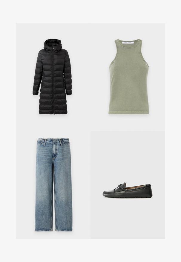 Mustern musta puffjakke, põlvepikkune, kapuutsiga, horisontaalse vatitud mustriga, esine lukuga ja küljetaskutega.; Pea rohelisest pehmest puuvillast tank tops, millel on ümar kaelus, ilma varrukateta disain ja tikkimisega servad. Lihtne, sobiv kuju.; Heledad sinine laia jalgadega teksad, mis on valmistatud denimist, keskmise tõusuga vööst, klassikalise viie taskuga disainiga ja kergelt kulunud efektiga kogu kangal.; Must must nahkpaat, millel on ümar varvas, tikitud detailid, väike paelte aksent ja kummist tald. Sile tekstuur ja voolujooneline disain.