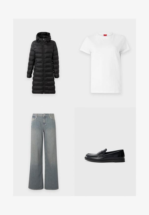Zwarte pufferjas, tot de knie, met een capuchon, met een horizontaal gestikt patroon, een ritssluiting aan de voorkant en zijzakken.; Witte T-shirt met korte mouwen, gemaakt van lichtgewicht katoen. Heeft een ronde hals en opgerolde mouwen. Rode merketiket op de kraag.; Lichtgewassen, wijde jeans van denim met een klassiek ontwerp met vijf zakken, een ritssluiting en knoop, en franjes aan de zoom.; Zwarte leren instappers met een gestikte accentontwerp, ronde neus, platte rubberen zool en een gladde afwerking. Klassieke, veelzijdige silhouet.