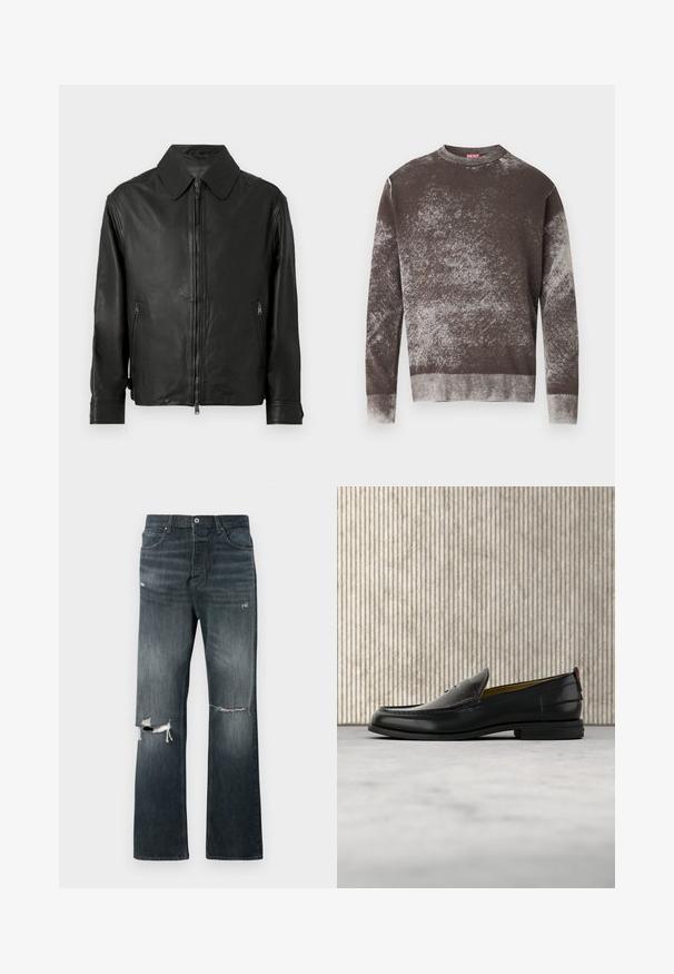 Veste en cuir noire avec col à revers, fermeture éclair à l'avant, poches latérales zippées et manches longues avec détails aux poignets.; Pull à col rond à manches longues, marron et gris moucheté, avec des poignets et un ourlet côtelés, arborant un petit logo brodé sur la poitrine.; Jean en denim délavé foncé avec une coupe décontractée, présentant deux déchirures aux genoux, une fermeture à bouton standard et un design à cinq poches.; Mocassin pour homme en cuir noir avec un dessus embossé effet croco et un petit talon, présenté de profil sur un fond neutre.