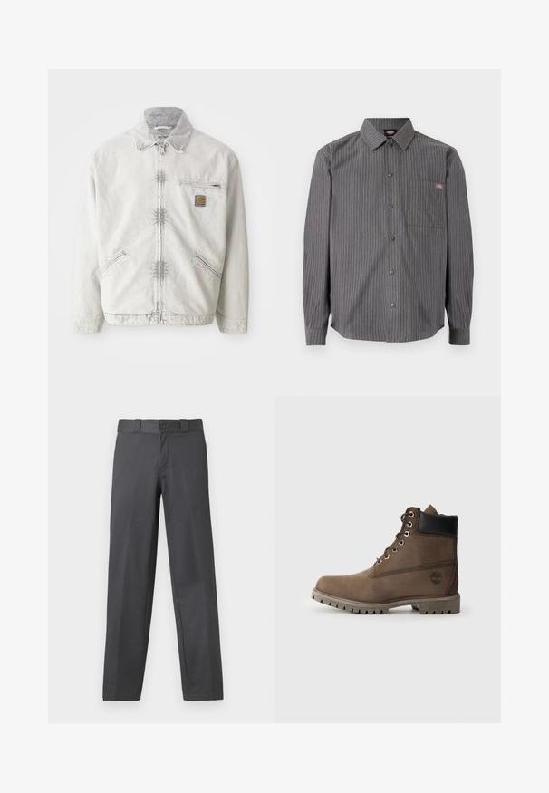 Veste en denim gris clair avec fermeture éclair à l'avant, col en velours côtelé, deux poches avant et une poche poitrine avec un patch logo. Tissu doux et texturé.; Chemise grise à boutons, avec de fines rayures blanches, manches longues, un poche poitrine et un col classique. Fabriqué en tissu durable.; Pantalon gris en tissu lisse, avec une coupe droite, une fermeture à bouton et des passants de ceinture ; coutures minimales et sans motifs.; Bottines en cuir marron avec un col noir, œillets en métal et semelle grise robuste. Comprend un logo sur le côté et des détails cousus.