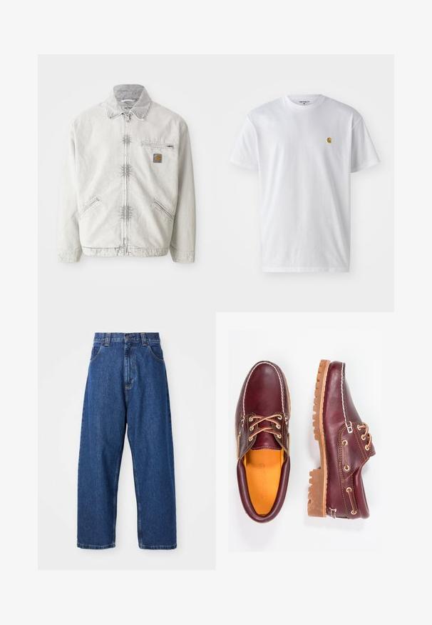 Chaqueta de mezclilla gris claro con cierre frontal, cuello de pana, dos bolsillos frontales y un bolsillo en el pecho con un parche de logo. Tejido suave y texturizado.; Camiseta de algodón blanca con mangas cortas, cuello redondo, que presenta un pequeño logo dorado en la parte izquierda del pecho. Textura suave y corte regular.; Jeans de pierna ancha de denim en azul oscuro. Presentan una cintura alta, trabillas para cinturón y un diseño clásico de cinco bolsillos. Bajo cosido con un acabado limpio.; Zapatos de cuero burdeos con suelas de goma marrón, puntera redonda, costuras blancas y ojales dorados. El interior cuenta con un forro amarillo.