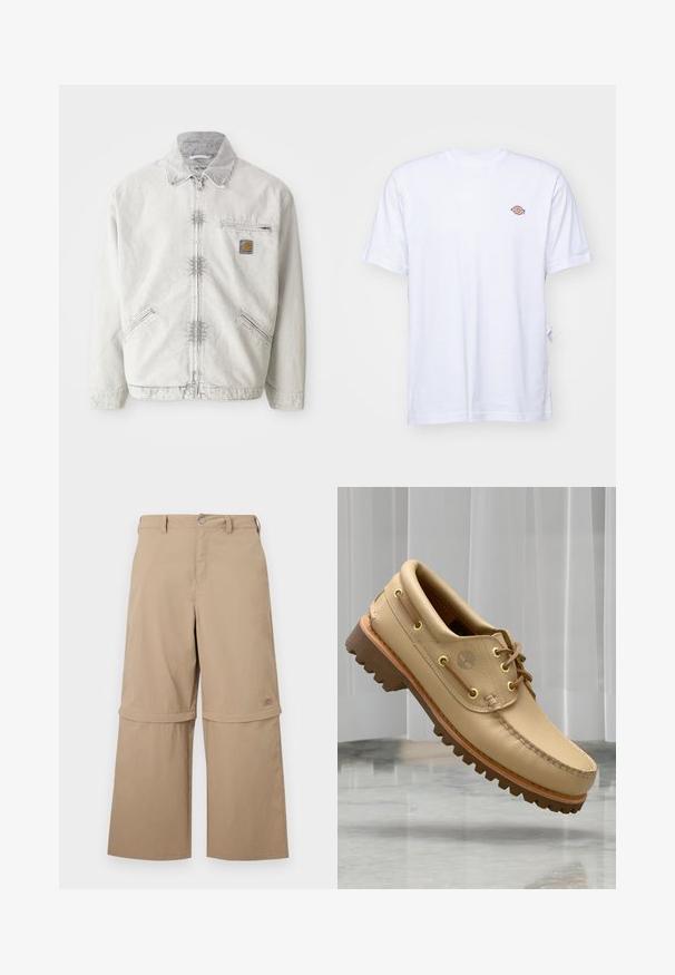 Chaqueta de mezclilla gris claro con cierre frontal, cuello de pana, dos bolsillos frontales y un bolsillo en el pecho con un parche de logo. Tejido suave y texturizado.; Camiseta de algodón blanca con cuello en V y mangas cortas. Presenta un pequeño logo bordado de colores en el lado izquierdo del pecho. Textura suave.; Pantalones cargo convertibles beige con piernas inferiores desmontables con cremalleras, trabillas para cinturón, bolsillos laterales y cierre de botones, exhibidos sobre fondo blanco.; Zapato náutico de cuero marrón claro con suela gruesa y estriada y detalles de cordones, flotando sobre un suelo de mármol y un fondo de persianas verticales blancas.