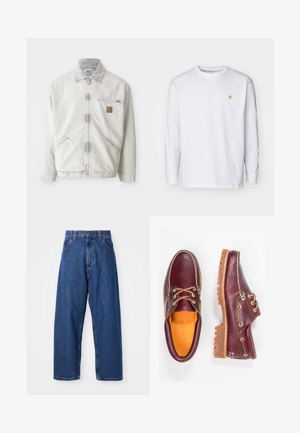 Chaqueta de mezclilla gris claro con cierre frontal, cuello de pana, dos bolsillos frontales y un bolsillo en el pecho con un parche de logo. Tejido suave y texturizado.; Camiseta de manga larga blanca de algodón. Cuenta con un pequeño logo dorado en el pecho y un cuello redondo. Diseño simple y corte estándar.; Jeans de pierna ancha de denim en azul oscuro. Presentan una cintura alta, trabillas para cinturón y un diseño clásico de cinco bolsillos. Bajo cosido con un acabado limpio.; Zapatos de cuero burdeos con suelas de goma marrón, puntera redonda, costuras blancas y ojales dorados. El interior cuenta con un forro amarillo.