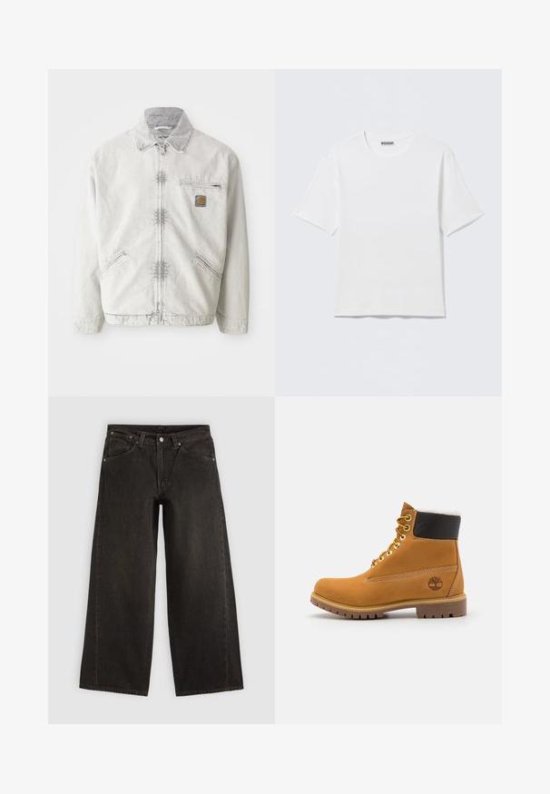 Chaqueta de mezclilla gris claro con cierre frontal, cuello de pana, dos bolsillos frontales y un bolsillo en el pecho con un parche de logo. Tejido suave y texturizado.; Camiseta blanca lisa de manga corta con cuello redondo y una pequeña etiqueta "WEEKDAY" en el interior del cuello trasero, mostrada sobre una superficie plana.; Vaqueros negros de pierna ancha con bolsillos delanteros, cierre de botones y trabillas para cinturón, mostrados planos sobre un fondo claro.; Botín de cuero marrón con ojales de metal, forro de piel sintética blanca, cuello acolchado negro, suela resistente y logotipo en relieve en el costado.