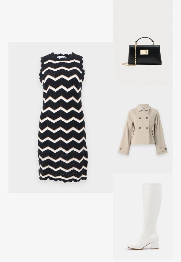 Beige cropped jakke med dobbelbrystet design, store knapper, to forkøster og en struktureret krave. Glat stof med mat finish.; Ærmeløs sort strikket kjole med hvide og beige zigzag-striber, bølgede kanter og DKNY Jeans-mærke ved nakken.; Hvide knæhøje støvler med en glat, blank finish. Firkantet blokhæl og diskret syningsdetalje langs siden.; Sort læderhåndtaske med struktureret form, udstyret med en øverste hank og en guldtonet kæderem. Dekorative guldhardware med logodetalje.