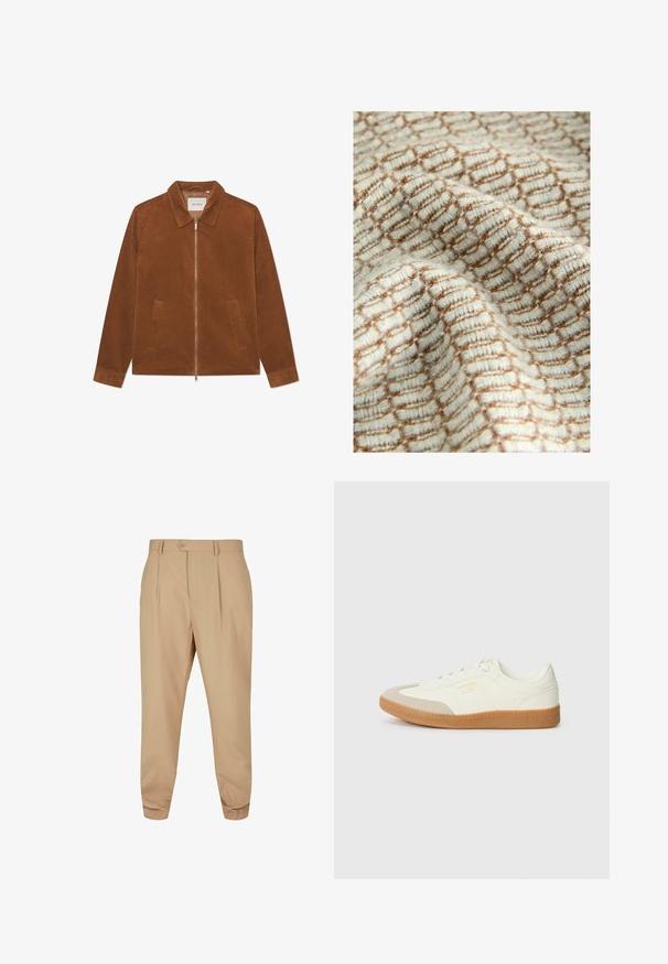 Veste en velours côtelé marron avec fermeture éclair, col et deux poches avant. Présente une texture côtelée et des manches longues.; Tissu texturé en crème et marron, présentant un motif en grille avec des lignes en relief, créant une apparence douce et superposée.; Pantalons beiges ajustés avec des plis, fermeture à bouton, passants de ceinture et jambes fuselées sur fond blanc.; Baskets en cuir blanc avec une coque beige et une semelle en caoutchouc marron clair. Dotées de lacets blancs plats et d'un logo embossé sur le côté.