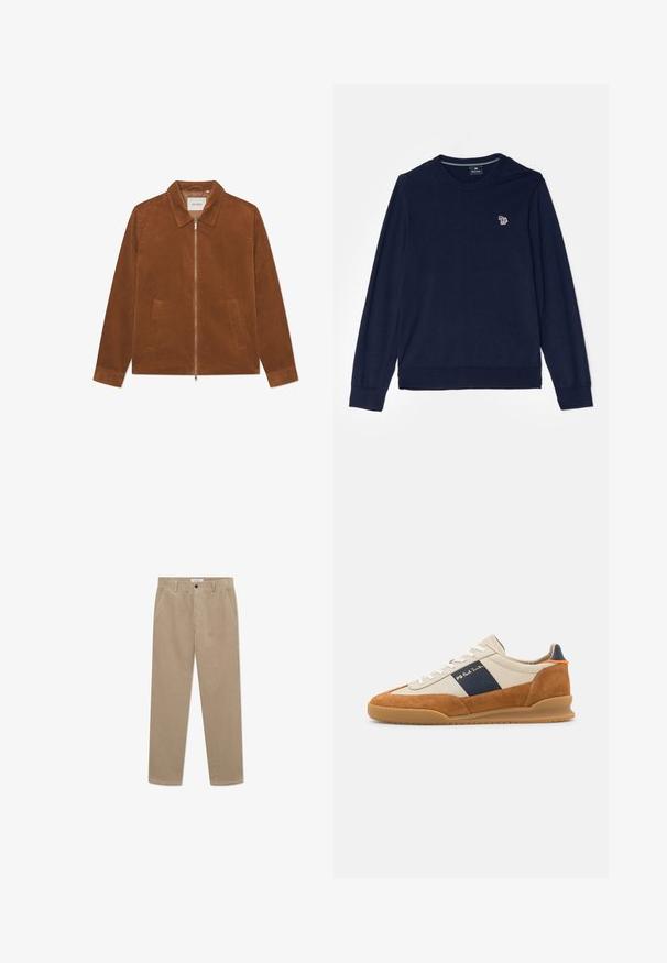 Braune Cordjacke mit Reißverschluss, Kragen und zwei Vordertaschen. Verfügt über eine gerippte Textur und lange Ärmel.; PS Paul Smith MEN SWEATER CREW NECK - Strickpullover - dark blue; Beige Cordhosen mit geradlinigem Schnitt, ausgestattet mit zwei Fronttaschen und einem Knopfverschluss. Weicher Stoff mit feinen Rippdetails.; PS Paul Smith DOVER - Sneaker low - cognac/off-white