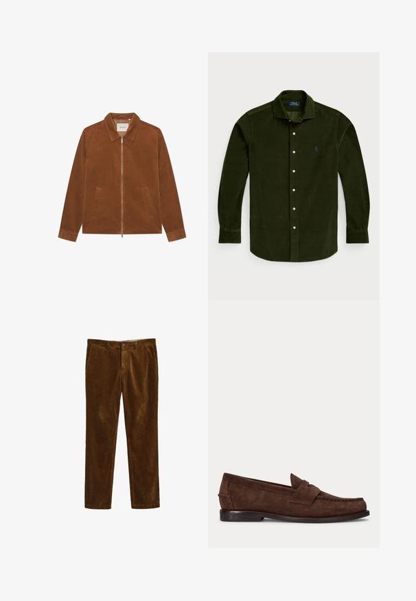 Braune Cordjacke mit Reißverschluss, Kragen und zwei Vordertaschen. Verfügt über eine gerippte Textur und lange Ärmel.; Dunkelgrünes Cordhemd mit langen Ärmeln, Button-Down-Kragen, Knopfleiste auf der Vorderseite und einem kleinen blauen Logo auf der linken Brust.; Braune Cordhosen mit geradem Bein, ausgestattet mit einem Frontknopfverschluss und zwei Seitentaschen. Strukturierter Stoff mit geripptem Muster.; Brauner Wildleder-Pennyloafer mit niedrigem Absatz und sichtbarer Naht an Zehen-, Seiten- und Rückbereich, dargestellt auf hellem, einfarbigem Hintergrund.