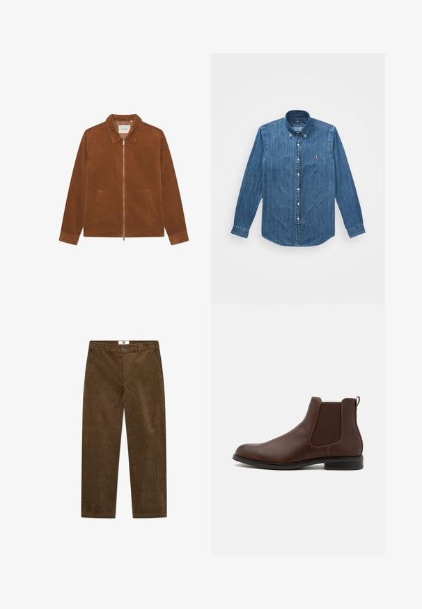 Braune Cordjacke mit Reißverschluss, Kragen und zwei Vordertaschen. Verfügt über eine gerippte Textur und lange Ärmel.; Denimhemd mit langen Ärmeln, Button-Down-Kragen und einem dezenten vertikalen Streifenmuster in einem mittelblauen Farbton mit einem Logo-Akzent.; Braune Cordhosen mit geradem Bein, ausgestattet mit einem Knopfverschluss und seitlichen Taschen. Weicher Stoff mit sichtbarem Rippmuster.; Pier One Stiefelette - brown