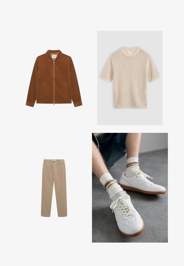 Chaqueta de pana marrón con cierre de cremallera, cuello y dos bolsillos frontales. Presenta una textura de canalé y mangas largas.; Jersey beige de manga corta, tejido con cuello redondo y un patrón texturizado de tejido abierto, colocado plano sobre un fondo claro.; Pantalones de pana beige con un diseño de pierna recta, que cuentan con dos bolsillos frontales y un cierre de botón. Textura suave con finos detalles de acanalado.; Zapatillas de cuero blanco con una textura suave, detalles en gamuza gris, suelas de goma beige y cordones planos. Combinadas con calcetines a rayas en tonos crema y marrón.