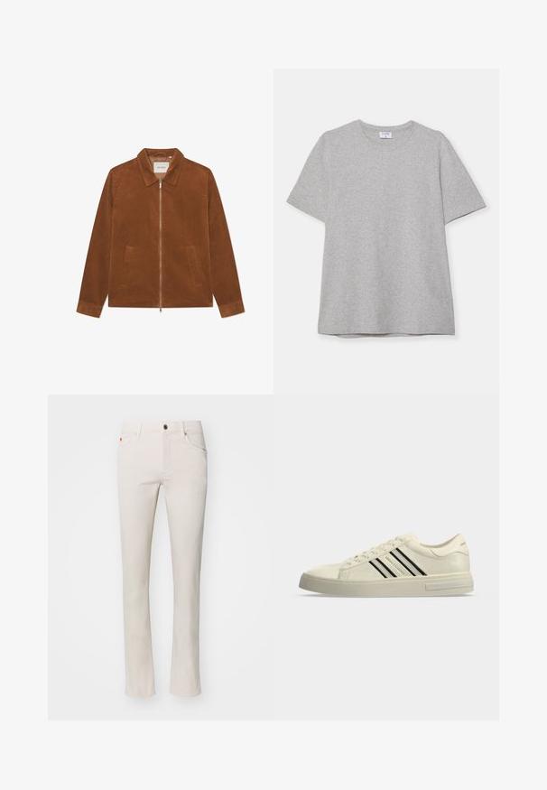 Braune Cordjacke mit Reißverschluss, Kragen und zwei Vordertaschen. Verfügt über eine gerippte Textur und lange Ärmel.; Graues T-Shirt mit kurzen Ärmeln aus weichem, strukturiertem Stoff. Verfügt über einen klassischen Rundhalsausschnitt und einen geraden Saum, geeignet für legere Trageanlässe.; Beige Straight-Leg-Jeans aus einem Baumwoll-Mischgewebe. Mit traditionellem Fünf-Taschen-Design und Metallknopfverschluss am Bund.; Flachprofilierter weißer Sneaker mit schwarzen Streifen, Schnürdesign und Armani Exchange-Logo an der Seite und Sohle.