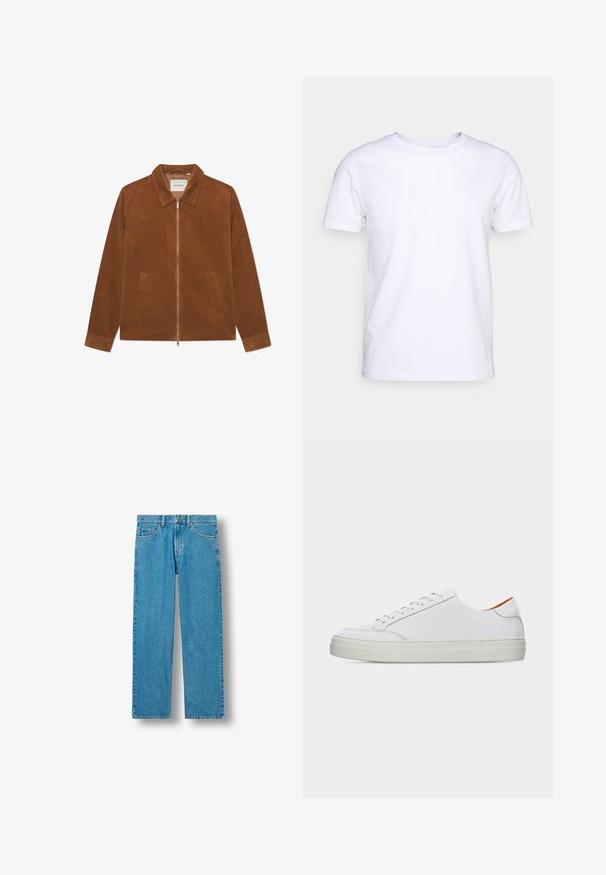 Chaqueta de pana marrón con cierre de cremallera, cuello y dos bolsillos frontales. Presenta una textura de canalé y mangas largas.; Camiseta blanca de manga corta en tejido de algodón con cuello redondo. Diseño simple sin patrones ni acentos. Textura suave.; Vaqueros azules de corte recto con cierre frontal de botones y cremallera, trabillas para cinturón y bolsillos delanteros y traseros.; Zapatilla blanca de piel de perfil bajo con cordones en la parte delantera, suela gruesa y detalles mínimos de costura sobre un fondo claro y liso.