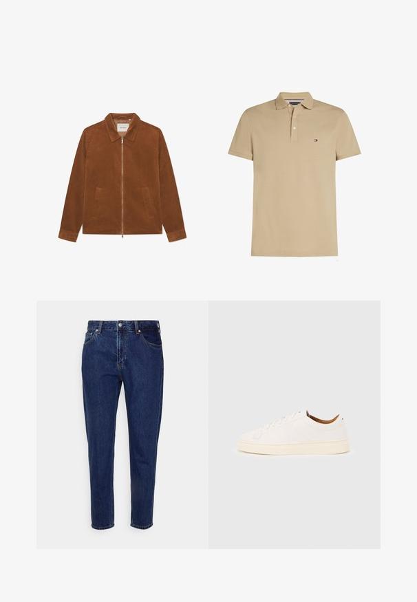 Bruine corduroy jack met rits, kraag en twee voorzakken. Heeft een geribbelde textuur en lange mouwen.; Beige polo met korte mouwen, kraag en een knoopsluiting met twee knopen, met een klein rechthoekig rood-wit-blauw logo op de borst.; Donkerblauwe straight-leg spijkerbroek met knoop- en ritssluiting aan de voorkant, riemlussen, en voor- en achterzakken.; Witte lage sneaker met vetersluiting, minimale stikdetails en een crèmekleurige zool op een lichtgrijze achtergrond.