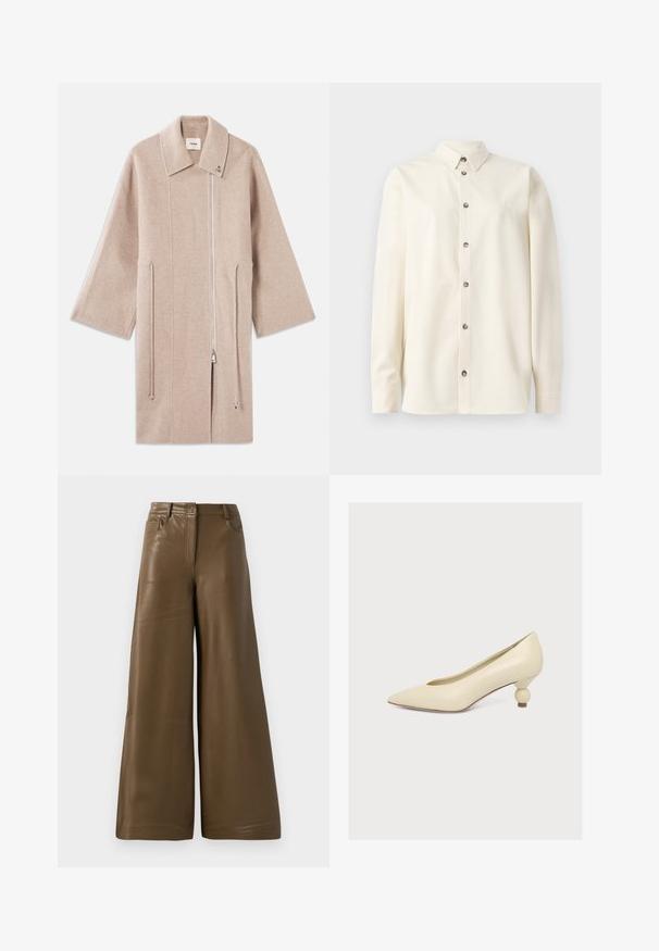 Beige wollen blend jas met een hoge kraag, ritssluiting aan de voorkant, zijzakken en brede mouwen; gladde textuur en minimalistisch design.; Soulland DAMON SHIRT - Overhemdblouse - white; Brede broek van glad, bruin faux leder. Heeft een hoge taille, vier zakken en een rits aan de voorkant. Voorzien van een vlakke textuur en minimalistisch design.; Crèmekleurige pumps met een puntige neus en een lage, unieke bolvormige hak op een effen witte achtergrond.