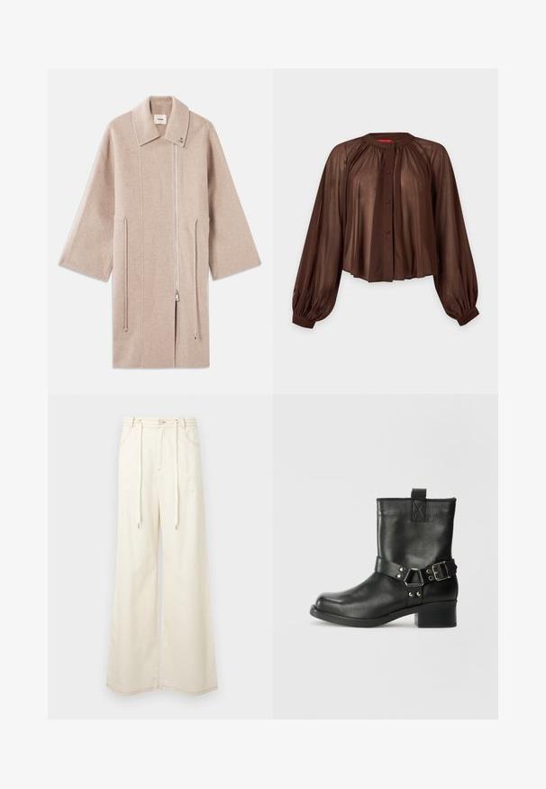 Beige wollen blend jas met een hoge kraag, ritssluiting aan de voorkant, zijzakken en brede mouwen; gladde textuur en minimalistisch design.; Bruine transparante blouse met lange mouwen, geplooide schouders, knoopsluiting aan de voorkant, ronde kraag en elastische manchetten op een effen achtergrond.; Crèmekleurige wijde broek met hoge taille, voorplooien, zijzakken, riemlussen, knoopsluiting en lange trekkoorden in de taille.; Samsøe Samsøe SABRENTA - Cowboy-/Bikerlaarsjes - black