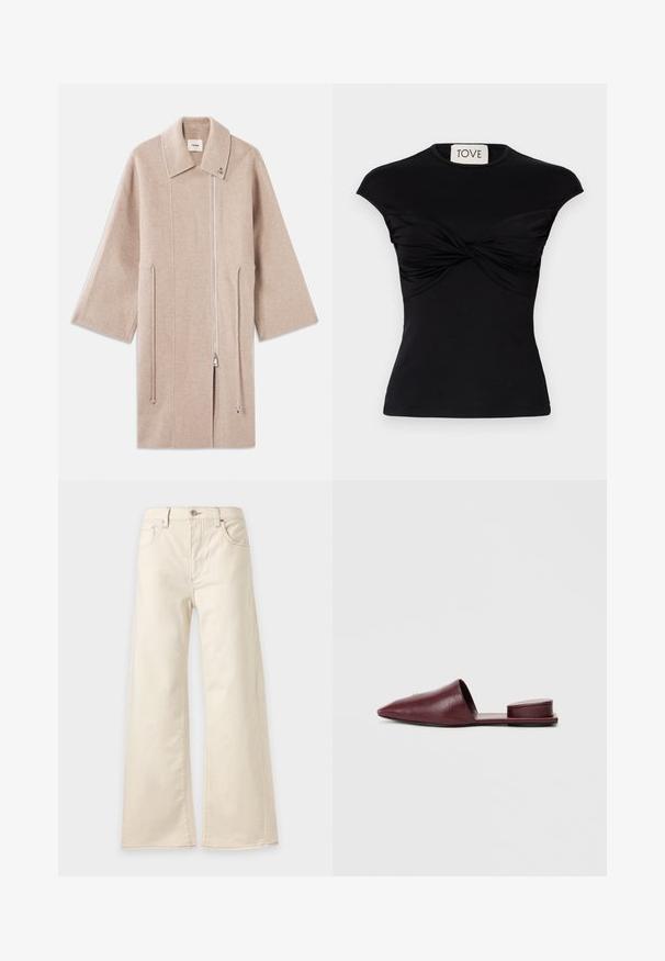Abrigo de mezcla de lana color beige con cuello alto, cierre frontal de cremallera, bolsillos laterales y mangas anchas; textura suave y diseño minimalista.; Top negro de manga corta con detalle de frente torcido y silueta ajustada. Fabricado con una tela elástica y suave. Marca: TOVE.; Pantalones de talle alto y pierna ancha en color blanco roto con botón y cremallera delanteros, presillas para cinturón y bolsillos delanteros y traseros.; Mules de cuero burdeos sin hebilla con punta afilada, parte trasera abierta y acento de talón acolchado. Textura suave y diseño minimalista.